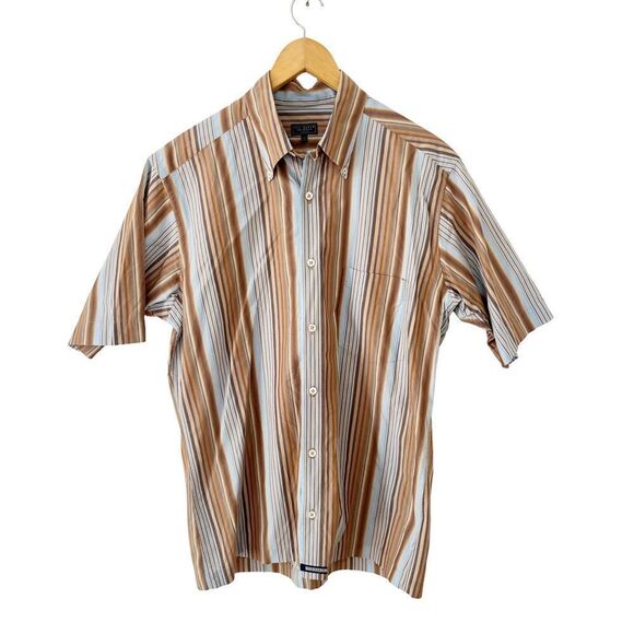 Ted Baker Brown Blue Stripe Short Sleeve 100% Cotton Dress Shirt - Picture 1 of 8